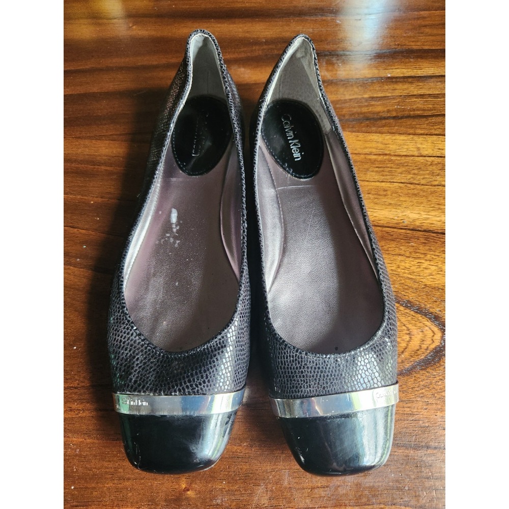 Calvin Klein Black Snakeskin Embossed Patent Cap Toe Ballet Flats Square Toe 6